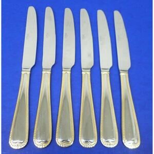 6 - Towle Living TWS523 Glossy Gold Beaded Edge Stainless Flatware DINNER KNIVES